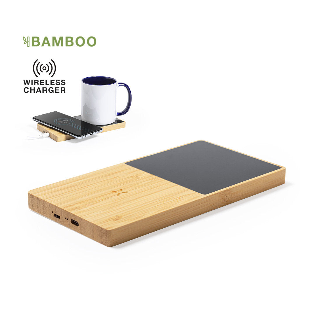 Calentador de Tazas de Bambú con Cargador Smathphone Inalámbrico Integ