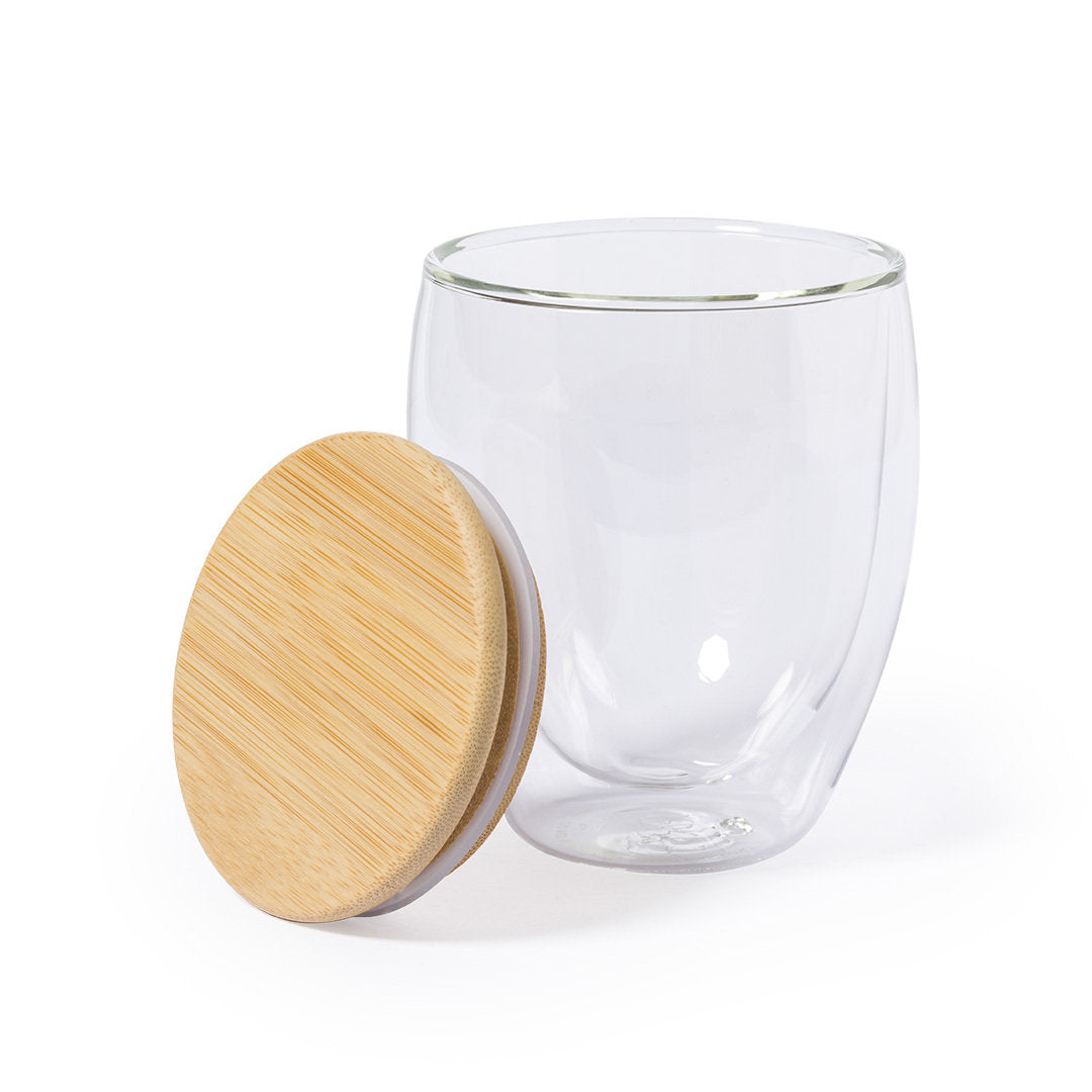 Vaso Térmico Sostenible de Cristal Doble Capa y tapa Bambú para Person