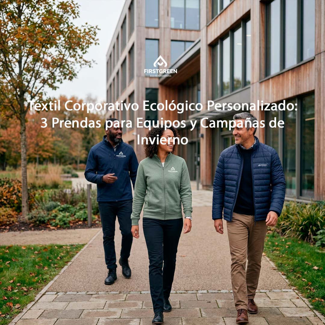 Equipo de tres profesionales con sudadera, chaqueta softshell y chaqueta acolchada, en una propuesta de textil corporativo ecológico para invierno.