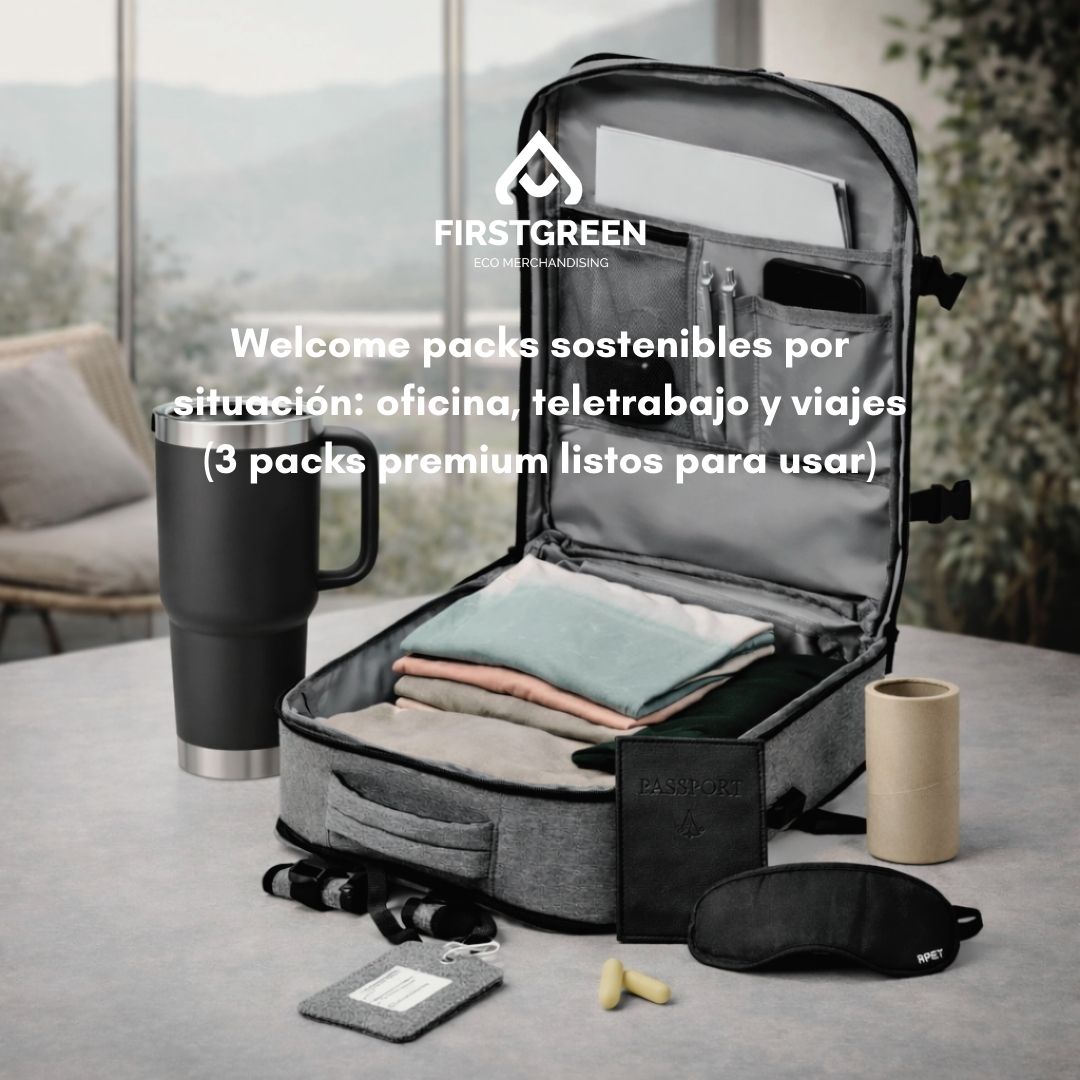 Welcome packs sostenibles por situación oficina, teletrabajo y viajes (3 packs premium listos para usar)