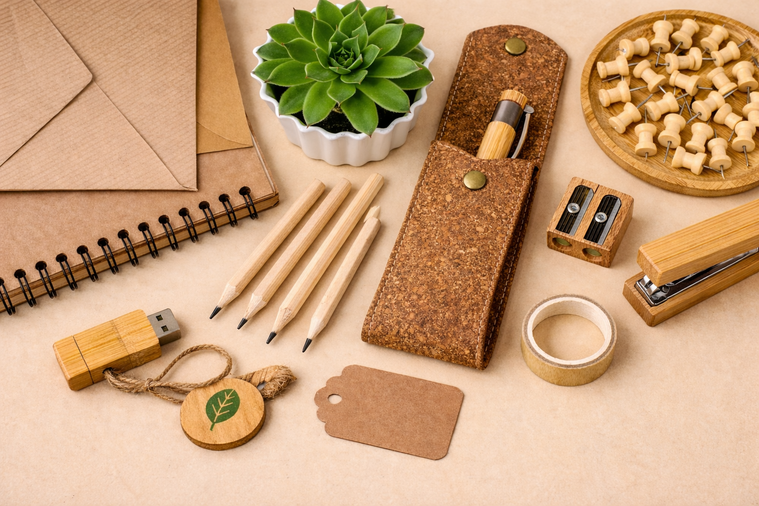 Material de oficina ecológico personalizado como bolígrafos y libretas para empresas responsables