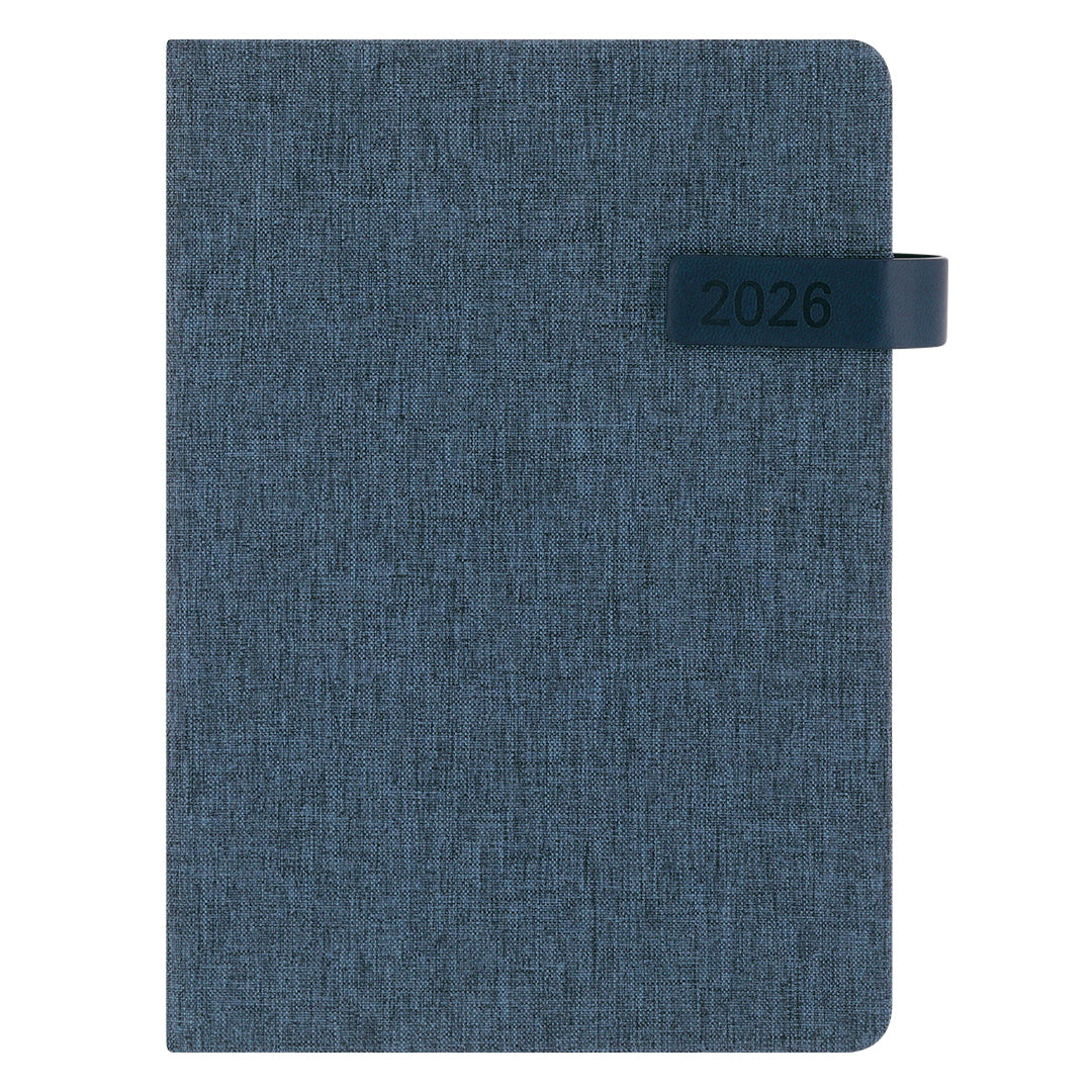 Agenda A5 sostenible 2026 fabricada en poliéster reciclado RPET con cubiertas rígidas color marino