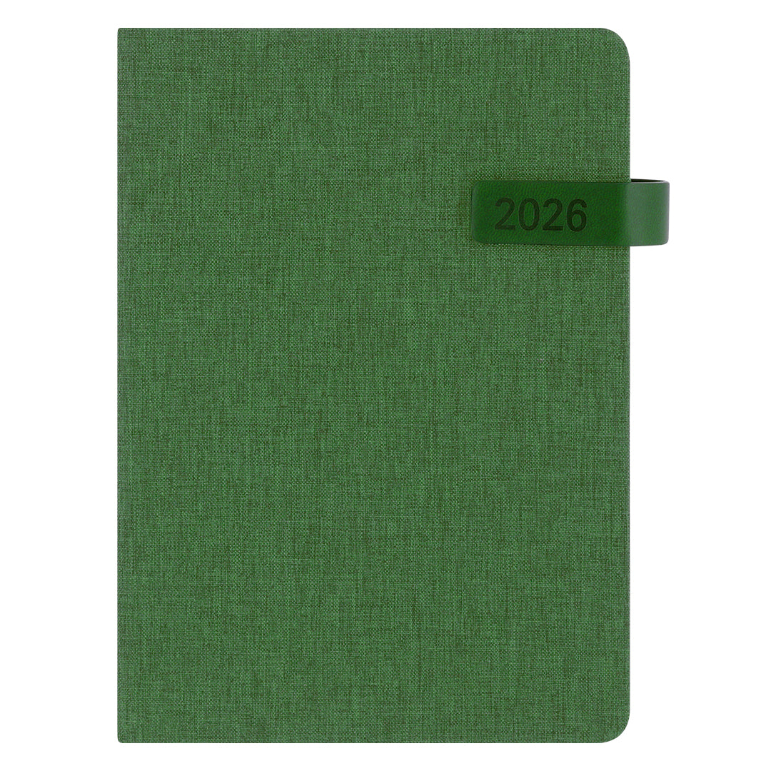 Agenda A5 sostenible 2026 fabricada en poliéster reciclado RPET con cubiertas rígidas color verde