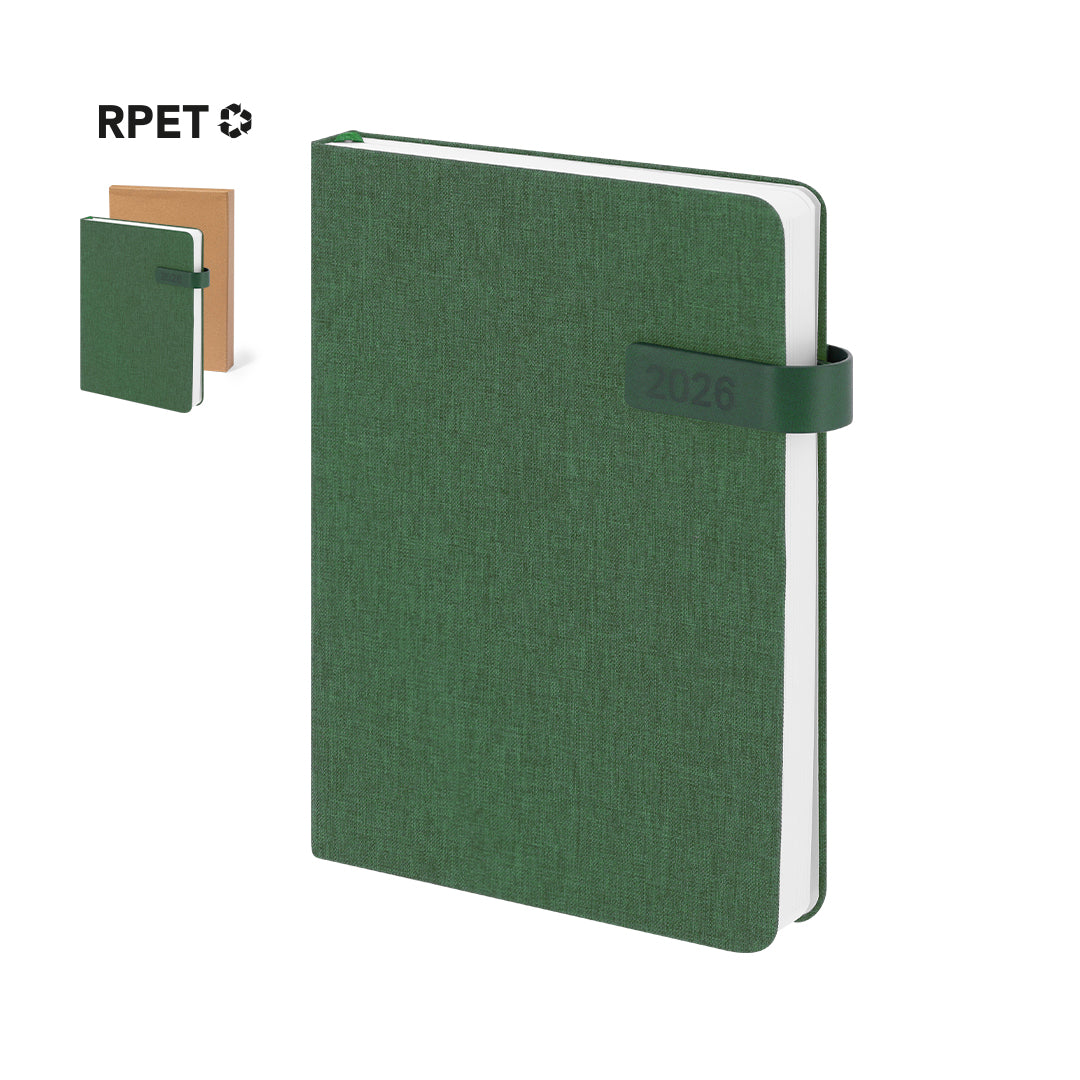Agenda A5 sostenible fabricada en poliéster reciclado RPET con cubiertas rígidas.