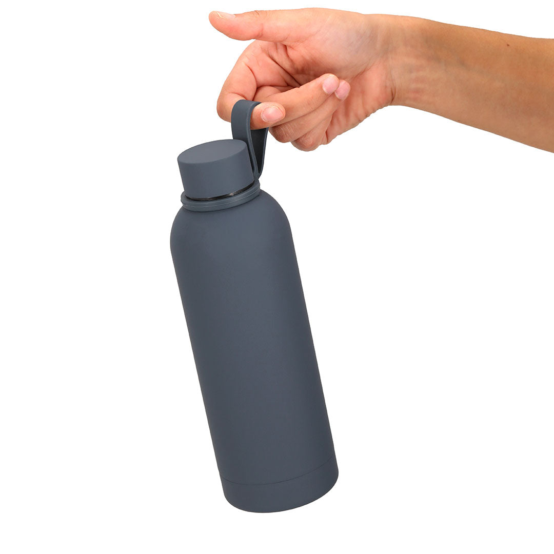 Bidón de acero inoxidable con asa de silicona, merchandising sostenible para empresas