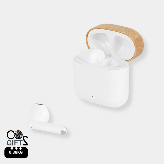 Auriculares inalámbricos sostenibles en bambú y ABS reciclado – vista frontal