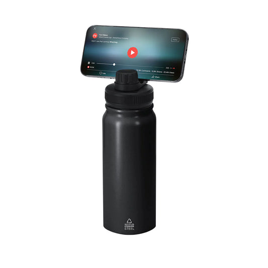 Bidón térmico 600 ml de acero inoxidable reciclado con soporte magnético giratorio para smartphone ideal para entrenar