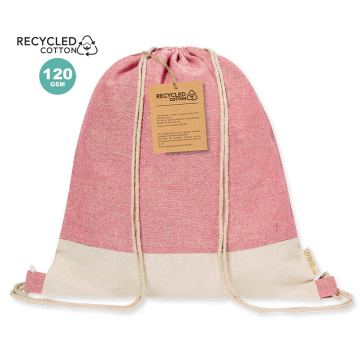 Bolsa mochila de cuerdas de algodón reciclado personalizada como soporte publicitario reutilizable para feria y eventos con movilidad