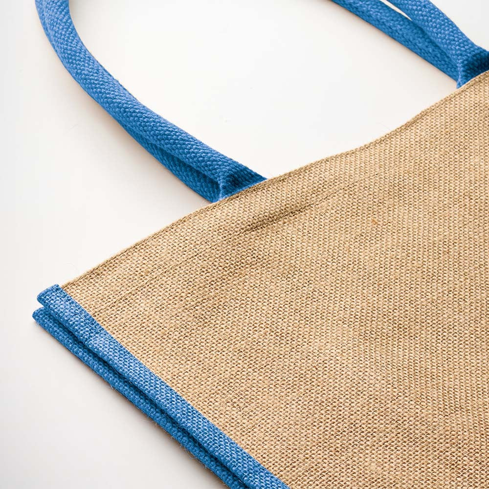 Bolsa tote de yute laminado natural con asas y bolsillo frontal de algodón, personalizable para empresas