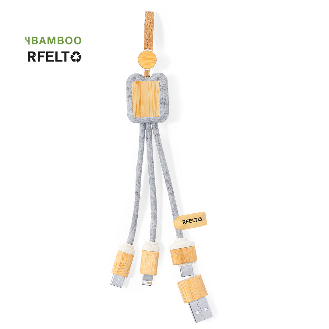 Cable Cargador Ecológico de Bambú y FIeltro RPET para Personalizar con Distintivo ECO Braxton