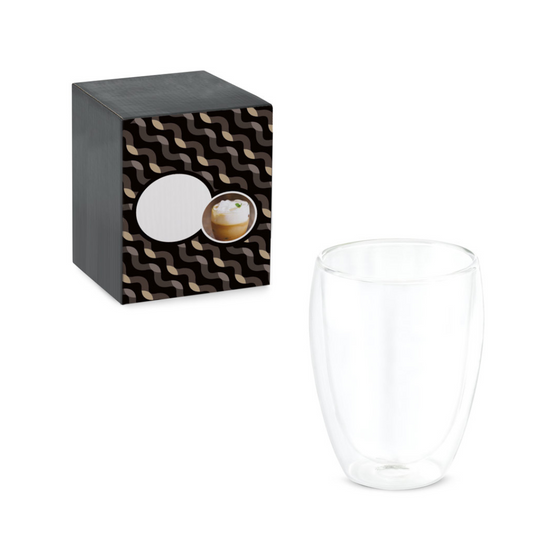 Vaso de vidrio borosilicato en caja de regalo personalizable, opción de merchandising ecológico para empresas