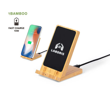 Cargador Inalámbrico con Función de Soporte para Smatphone Ecológico de Bambú para Personalizar a Láser con Logo Iluminado Especial Oficina Steward 15W