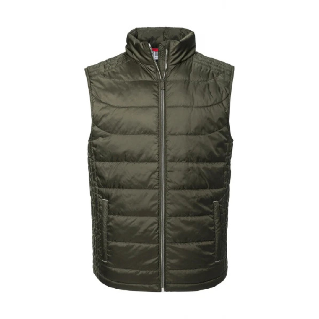 Chaleco ligero y acolchado fabricado con botellas de plástico recicladas RPET, personalizable con el logotipo de la empresa.