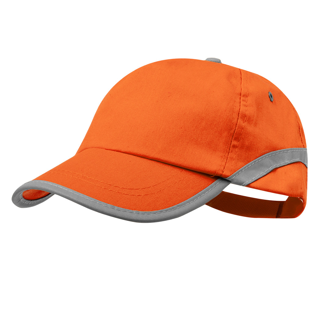 Gorra de algodón de 5 paneles con tira reflectante y cierre de velcro naranja