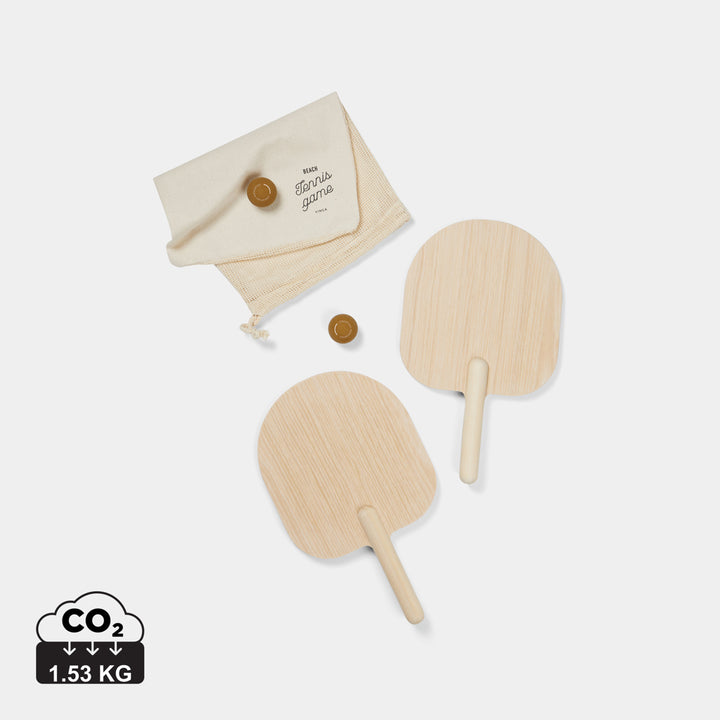 Juego de tenis de playa sostenible de madera VINGA Miro en bolsa de algodón para campañas de ocio familiar y verano