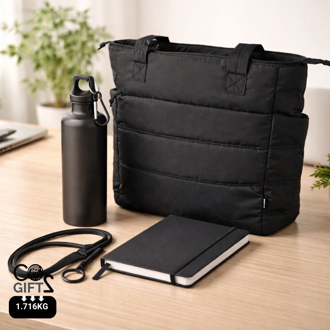 Kit corporativo para ferias y congresos con lanyard para acreditación tote para portátil y botella reutilizable