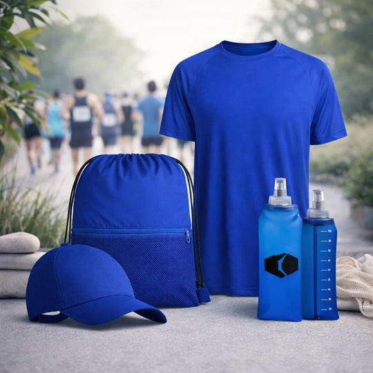 Pack Active de Firstgreen con bidón plegable, camiseta técnica, mochila de cuerdas y gorra como welcome pack sostenible para carreras