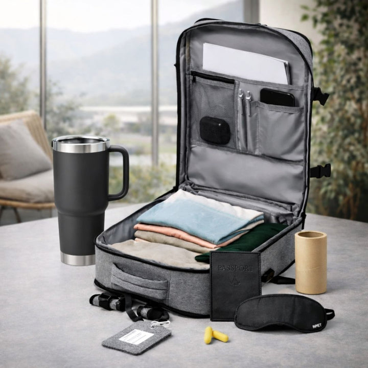 Kit de viaje sostenible para empresas con mochila rPET, funda pasaporte, set de descanso, identificador de maleta y taza térmica