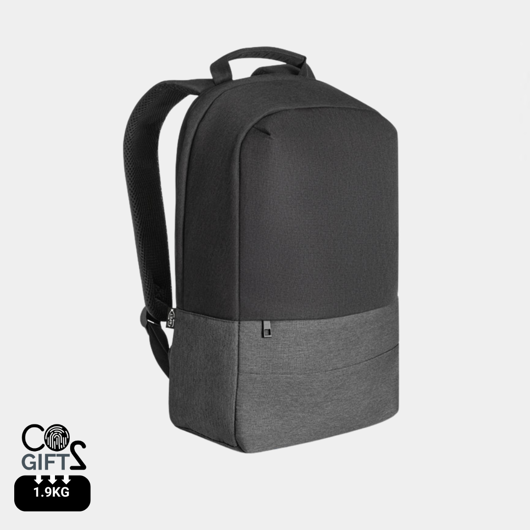 Mochila antirrobo fabricada en poliéster reciclado rPET 600D con compartimento para portátil, ideal para regalos de empresa sostenibles.