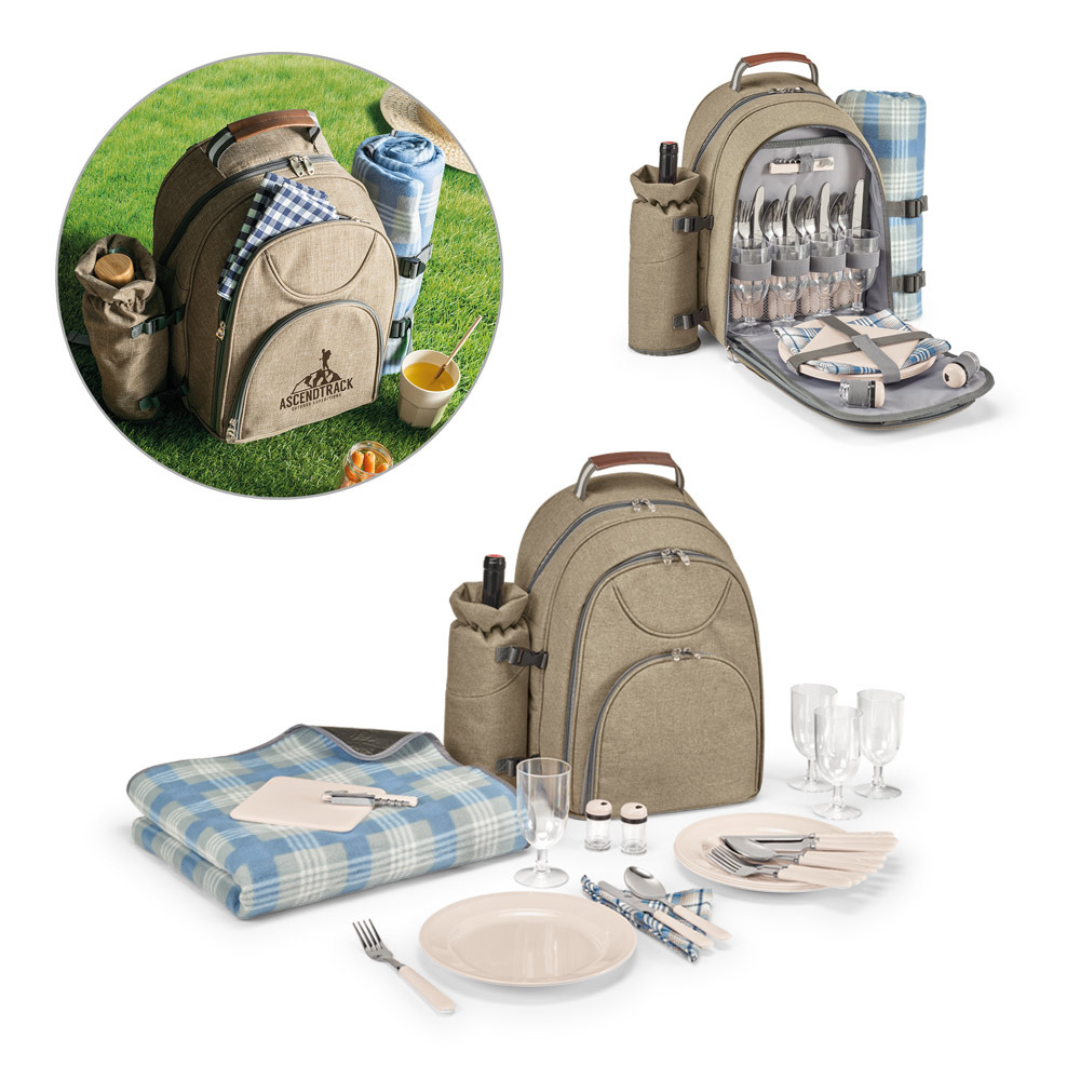 Mochila ecológica de picnic con manta extraíble de vellón reciclado rPET y compartimento térmico.