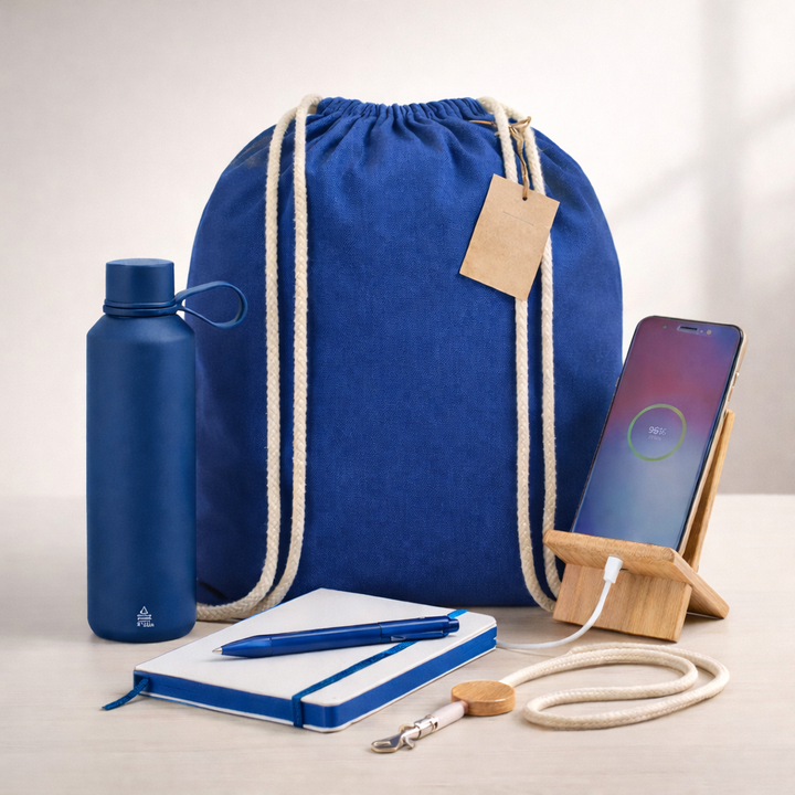 Pack promocional ecológico para stand de feria en color azul con productos personalizados para captar leads y reforzar visibilidad de marca
