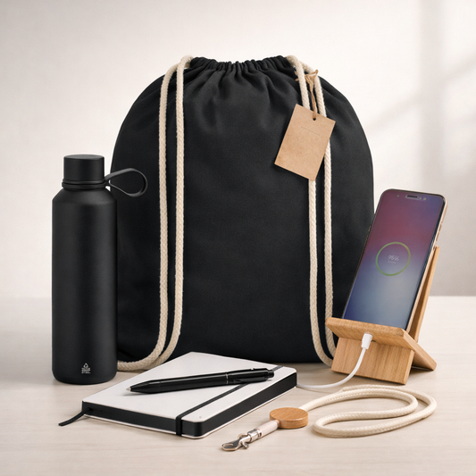 Kit sostenible para ferias y eventos con mochila Fairtrade, bidón térmico acero reciclado, bloc A5, bolígrafo rPET, lanyard ecológico y soporte móvil bambú negro