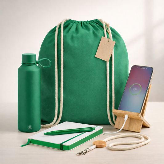 Kit sostenible para ferias y eventos con mochila Fairtrade, bidón térmico acero reciclado, bloc A5, bolígrafo rPET, lanyard ecológico y soporte móvil bambú