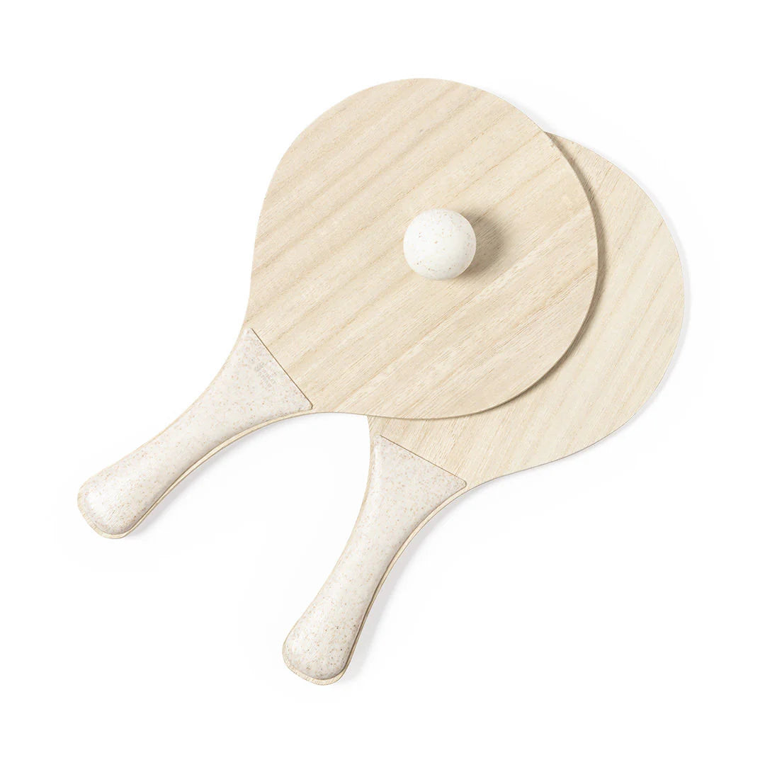 Palas de playa ecológicas de madera con mango de caña de trigo y pelota incluida para regalo promocional de verano