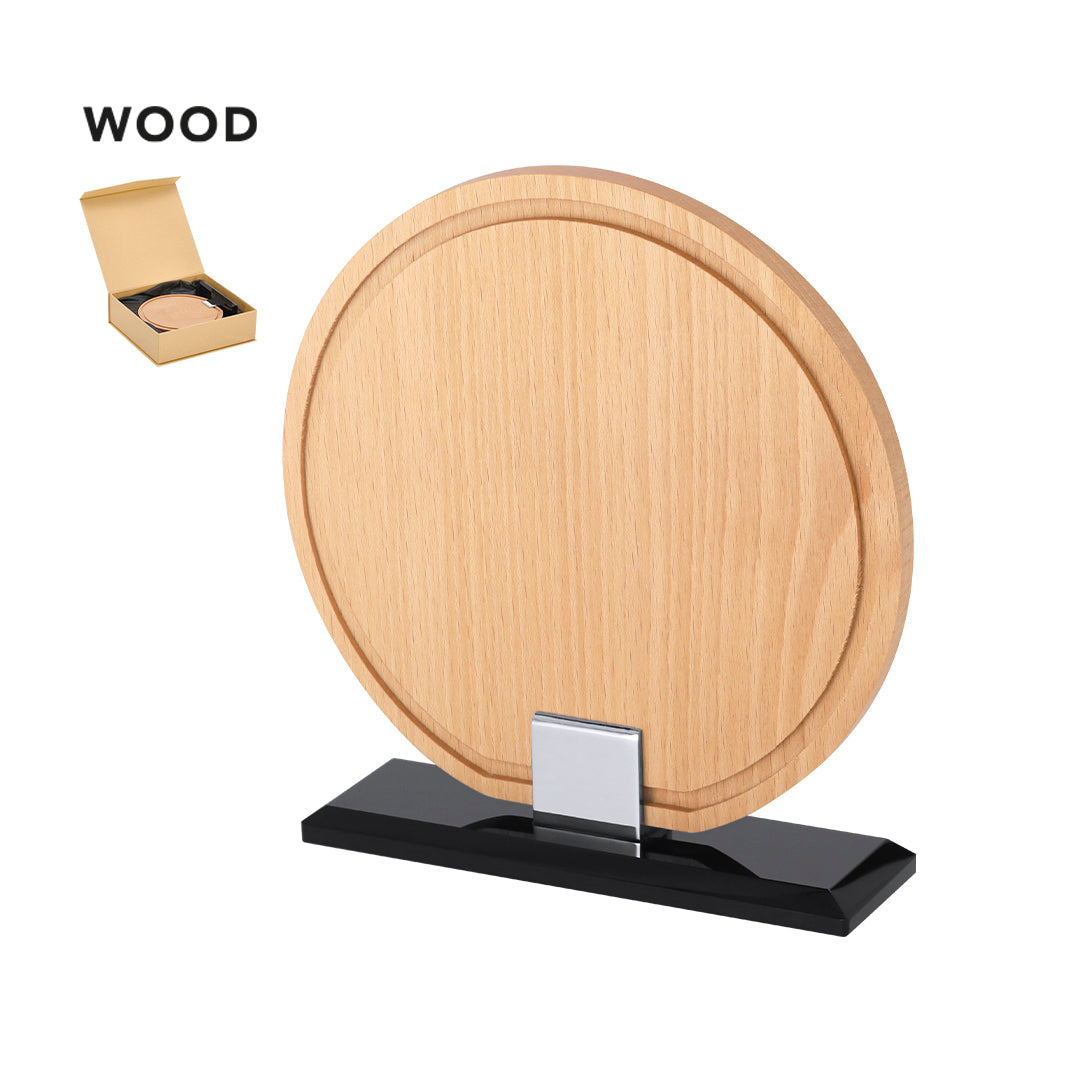 Placa trofeo redonda de madera con base de vidrio para premios corporativos sostenibles