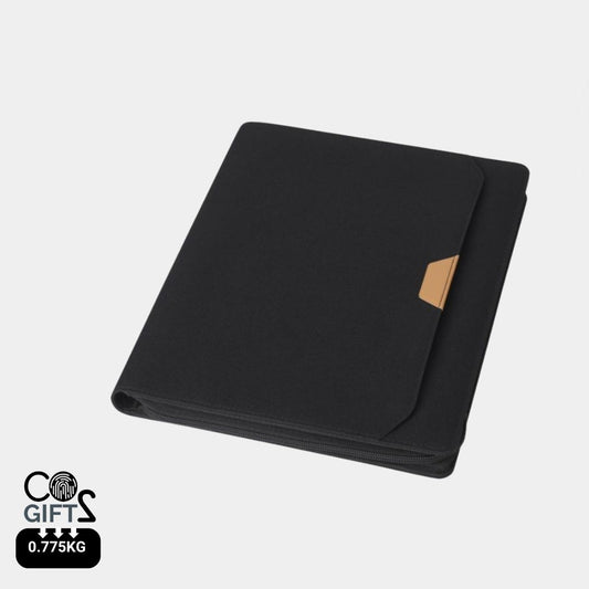 Portafolios A4 negro reciclado certificado RCS con huella de carbono calculada 0,775 kg CO2e para empresas sostenibles