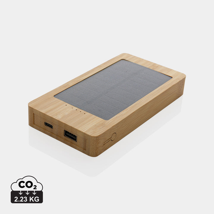 Powerbank solar de bambú FSC personalizado para eventos tecnológicos, movilidad y campañas outdoor