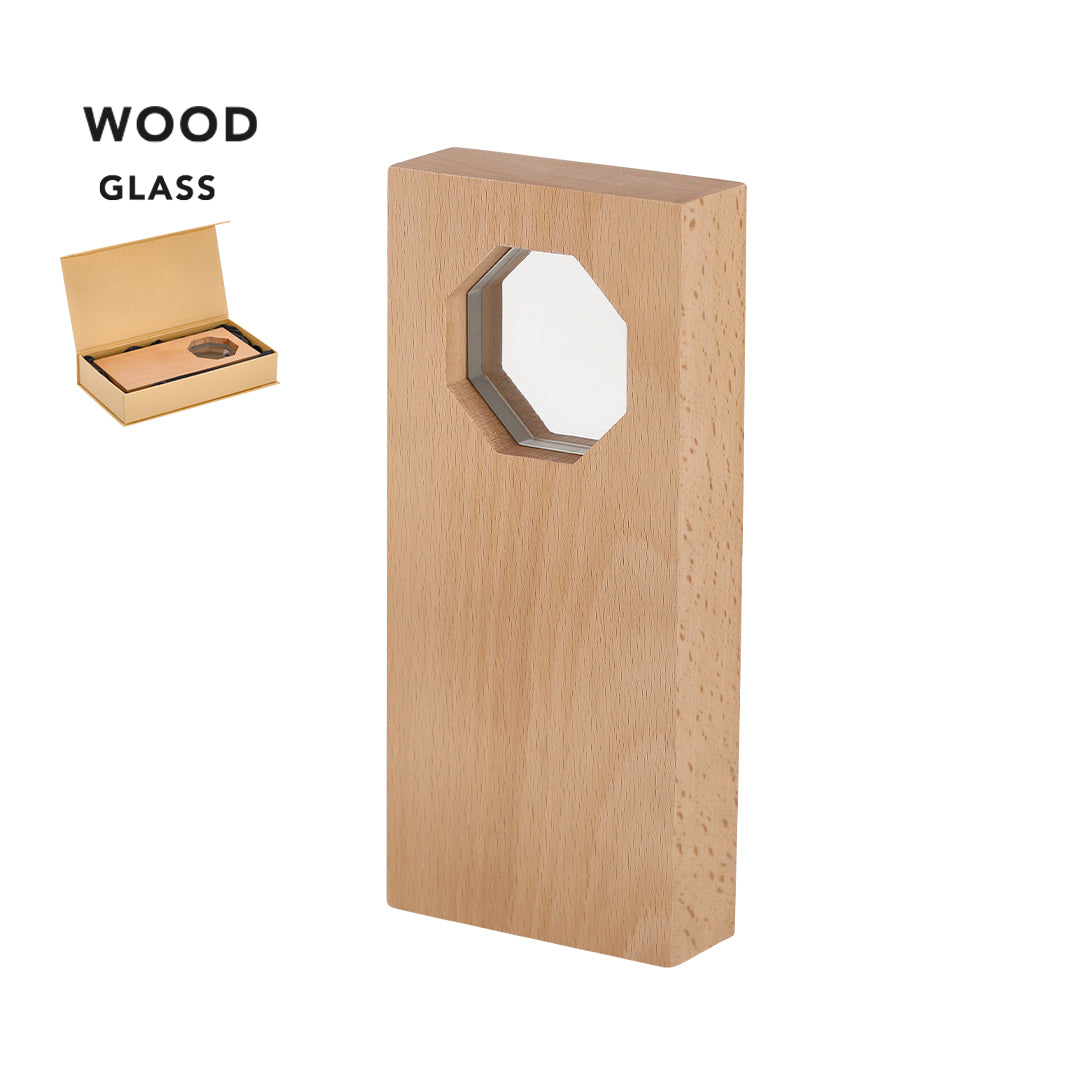 Placa trofeo de madera y cristal octogonal personalizada para premios corporativos sostenibles