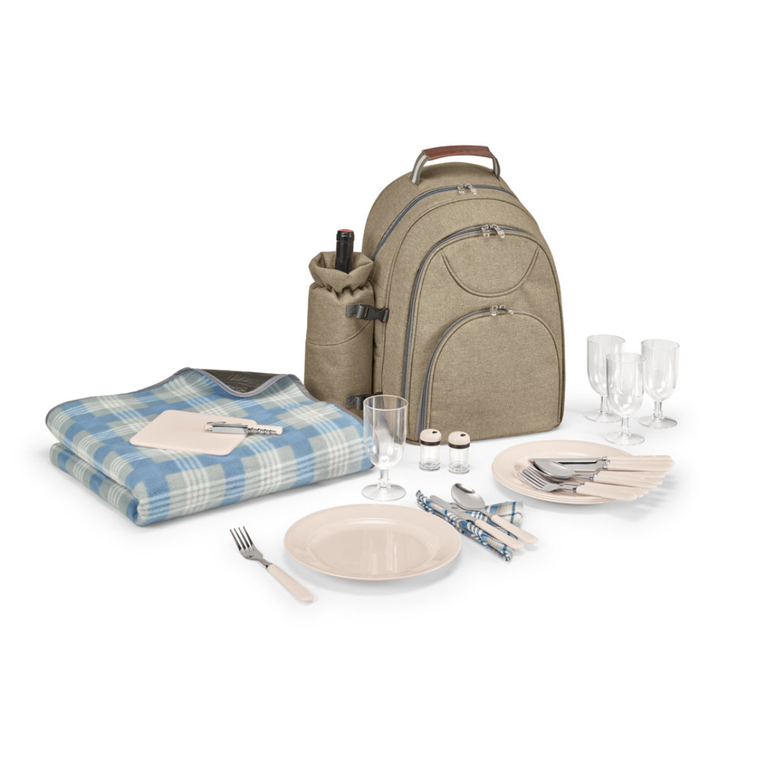 Regalo de empresa sostenible: mochila de picnic reciclada con set completo de cubiertos y accesorios.