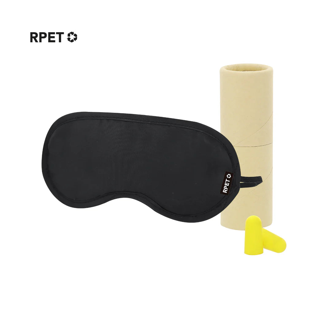 Set de viaje sostenible con antifaz de rPET y tapones para oídos en estuche de cartón kraft