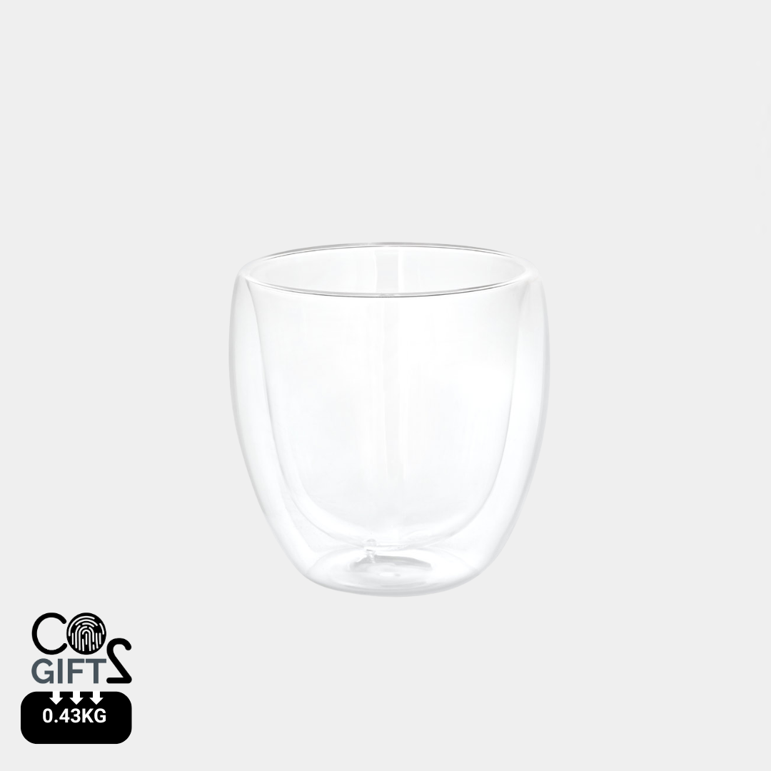 Vaso de vidrio borosilicato aislado con doble pared de 220 mL en caja personalizable, regalo corporativo ecológico
