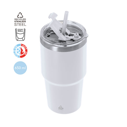 Vaso térmico 650 ml de acero inoxidable reciclado con pajita, regalo promocional sostenible