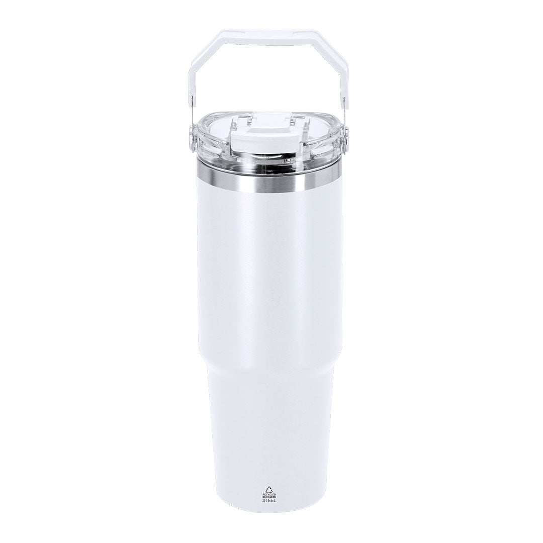 Vaso térmico blanco 900 ml de acero inoxidable reciclado con pajita, regalo promocional sostenible