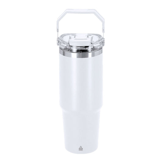Vaso térmico blanco 900 ml de acero inoxidable reciclado con pajita, regalo promocional sostenible