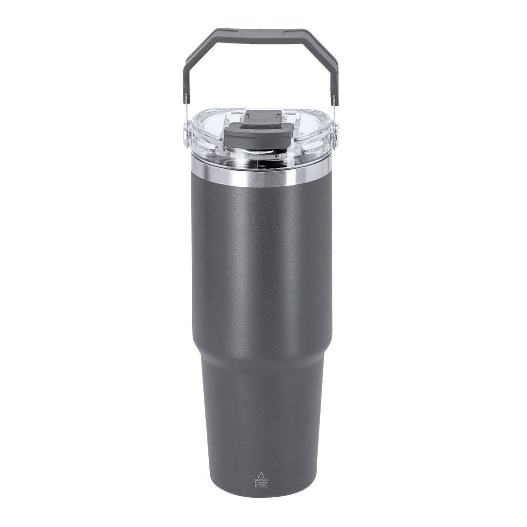 Vaso térmico gris 900 ml de acero inoxidable reciclado con tapa hermética y asa de transporte