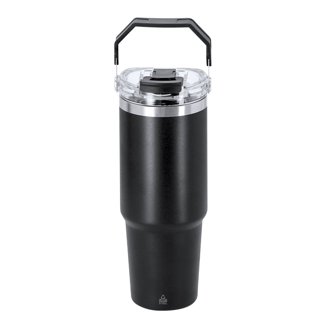 Vaso térmico negro 900 ml de acero inoxidable reciclado con asa y cierre hermético sostenible