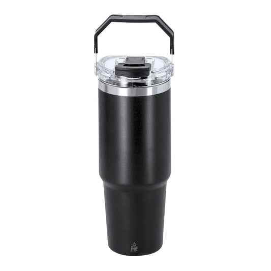 Vaso térmico negro 900 ml de acero inoxidable reciclado con asa y cierre hermético sostenible