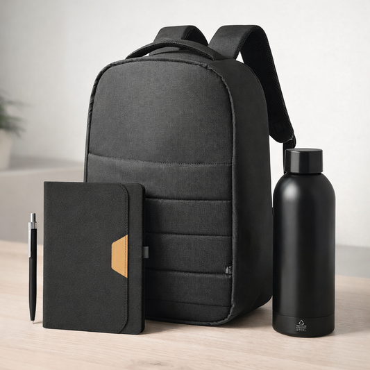 Welcome pack sostenible para empresas con mochila antirrobo rPET, bidón térmico, libreta rPET y bolígrafo reciclado color negro