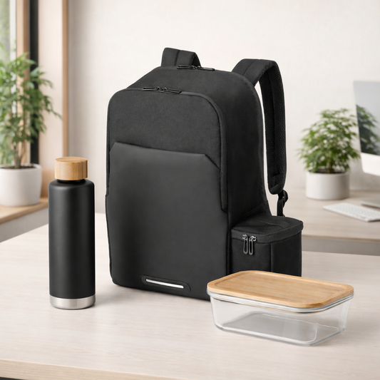 Welcome pack sostenible para empresas con mochila 2 en 1 con bolsa térmica, botella térmica 640 ml y fiambrera 1 L de borosilicato y bambú