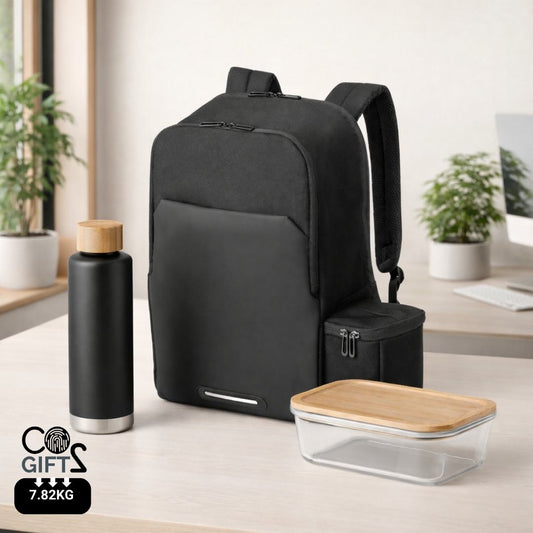 Welcome pack sostenible para empresas con mochila 2 en 1 con bolsa térmica, botella térmica 640 ml y fiambrera 1 L de borosilicato y bambú