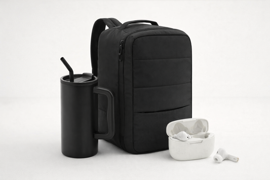 Welcome pack tech sostenible para empresas con mochila rPET AWARE, auriculares reciclados RCS y taza térmica 800 ml