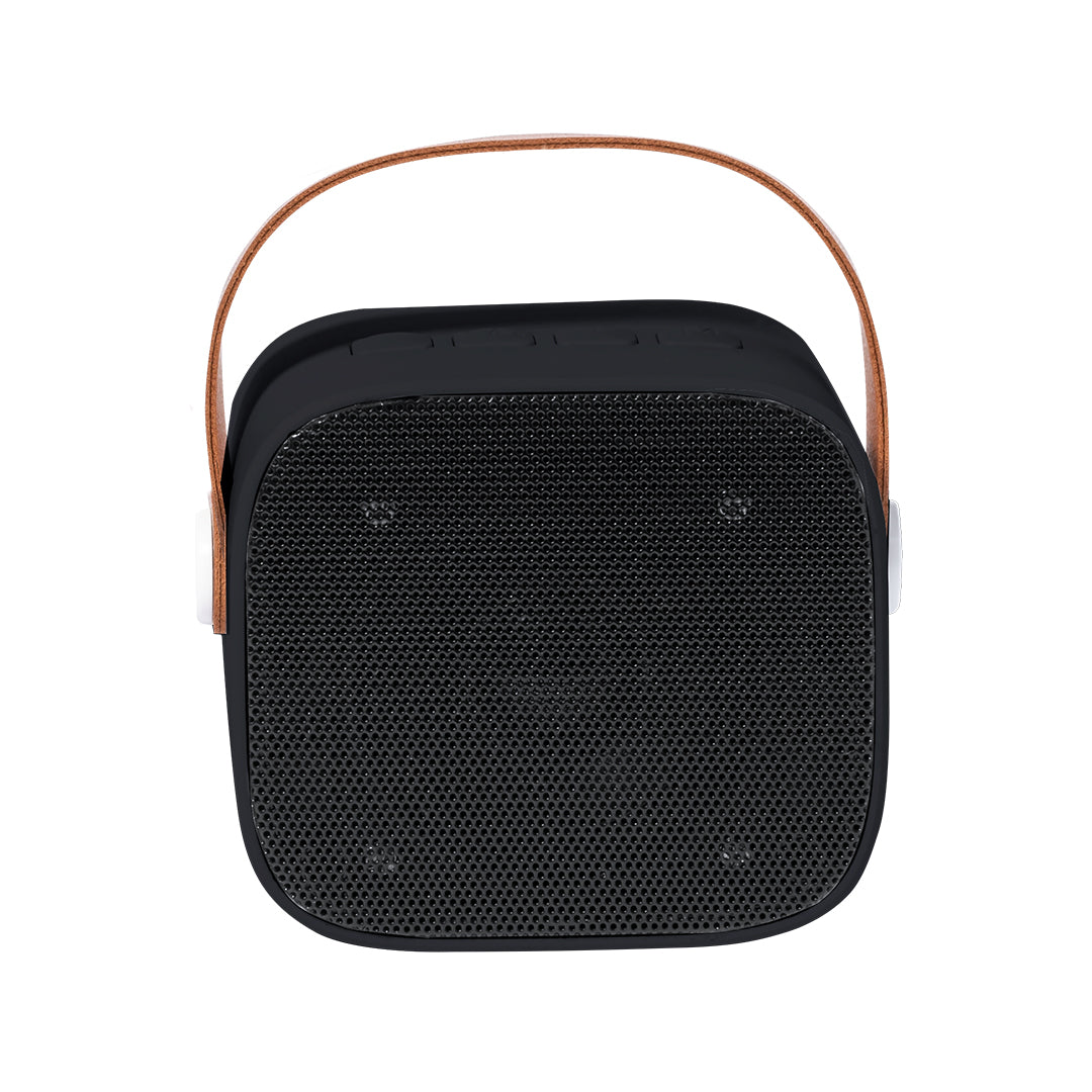 Regalo promocional sostenible con altavoz de 5W y asa de transporte retro