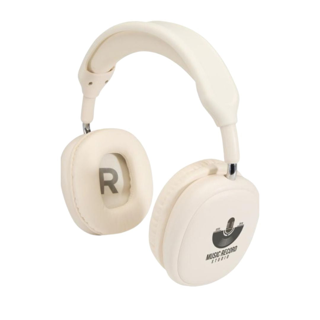 Detalle lateral personalización en  auriculares inalámbricos reciclados Bluetooth 6.0 fabricados en plástico ABS reciclado