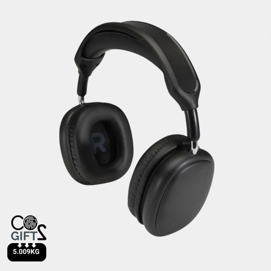 Auriculares negros inalámbricos Bluetooth 6.0 reciclados Alzir fabricados en ABS reciclado con huella carbono 5,009 kg CO2e ideales para regalos corporativos tecnológicos sostenibles