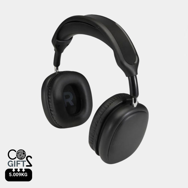 Auriculares Bluetooth reciclados personalizados con huella de carbono medida para eventos tecnológicos y trabajo híbrido
