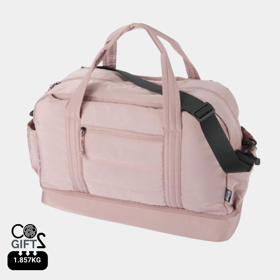 Bolsa de lona reciclada certificada GRS 30 litros con huella carbono 1,857 kg CO2e ideal para viajes y regalos corporativos sostenibles